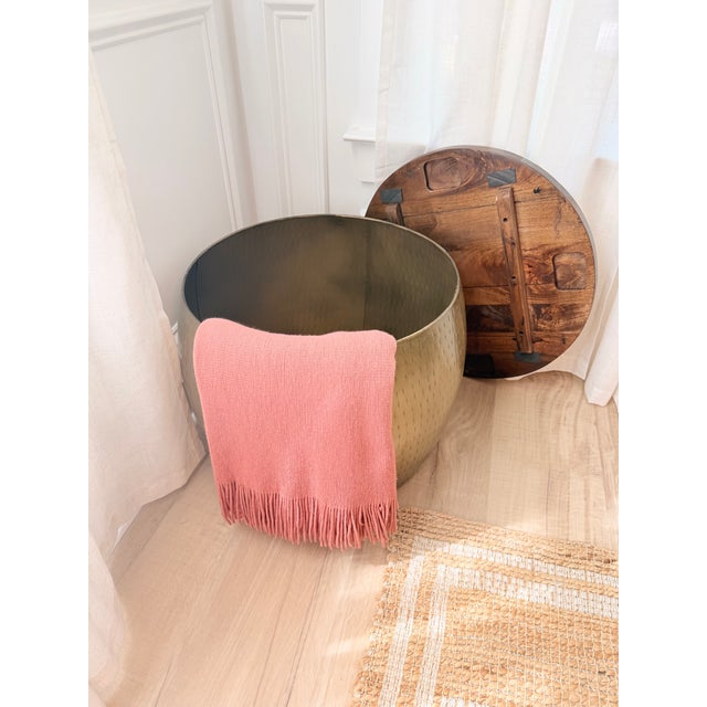 Contemporary Vintage Brass Clad Drum Storage Coffee Table With Heavy Wood Top For Sale - Image 3 of 5