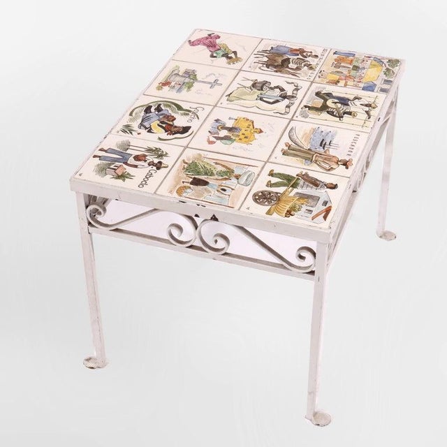 Antique Arts & Crafts Spanish Wrought Iron & Tile Top Table, Genre Scenes, 1930 For Sale - Image 9 of 18
