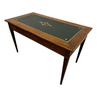 Louis XVI Style Flat Desk in Wood with Green Leather Top, France, 1950s For Sale