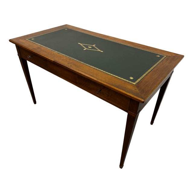 Louis XVI Style Flat Desk in Wood with Green Leather Top, France, 1950s For Sale