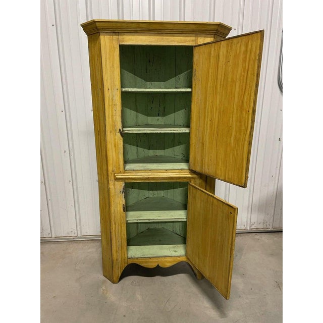 Rustic 19thc Mustard Painted Corner Cupboard For Sale - Image 3 of 6
