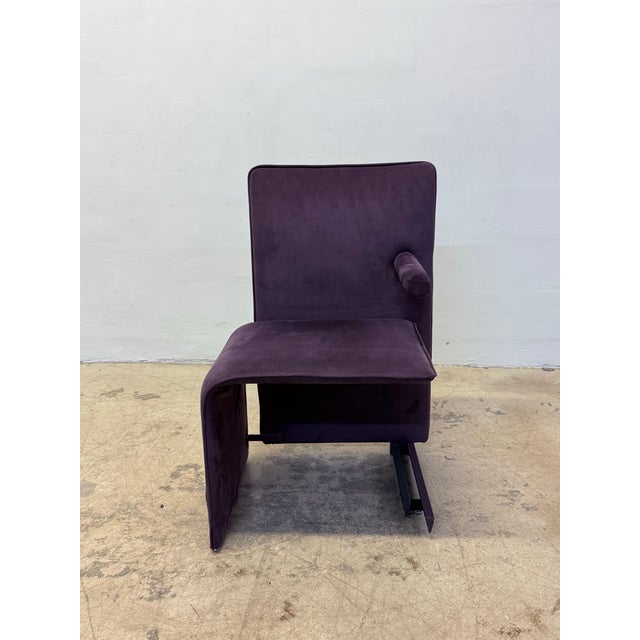 Set of four Point postmodern dining chairs in purple ultra-suede fabric with single arm rests designed by Maurizio Salvato...