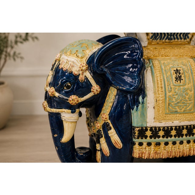 Ceramic Vintage Chinese Glazed Ceramic Royal Elephant Garden Seat, Side Table, With Custom Glass Top, Chinoiserie For Sale - Image 7 of 7