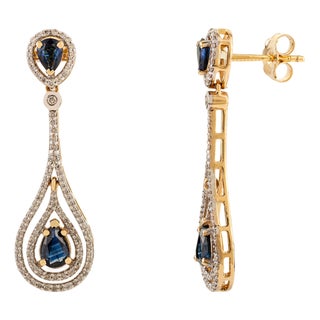 Exquisite 1.15Ct Sapphire & Diamond Long Teardrop Dangle Earrings in 18k Gold- A Pair For Sale