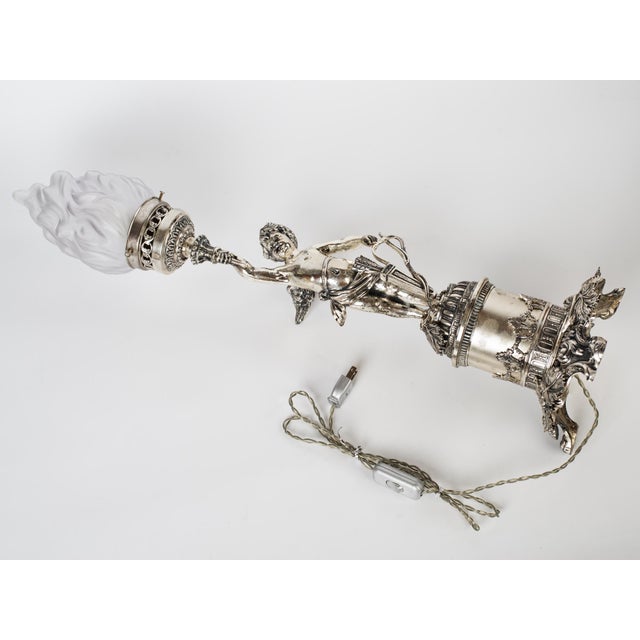 1950s Spanish Empire Silver-Plated Cast Brass Cupid Cherub Lamp With Scavo Flame Shade For Sale - Image 12 of 13