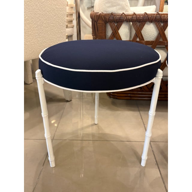 1970s Pair Vintage Restored Faux Bamboo Metal Stools Benches Sunbrella Patio Outdoor For Sale - Image 5 of 12