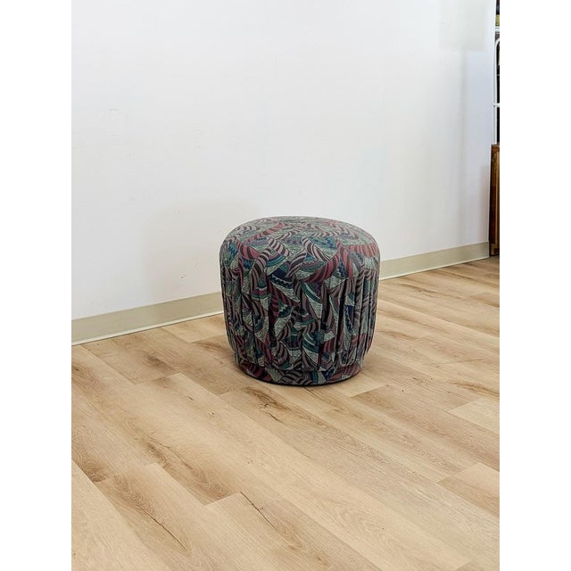 Vintage Postmodern Purple Green Ottoman Leaf Pattern Retro Accent Pouf For Sale - Image 9 of 9