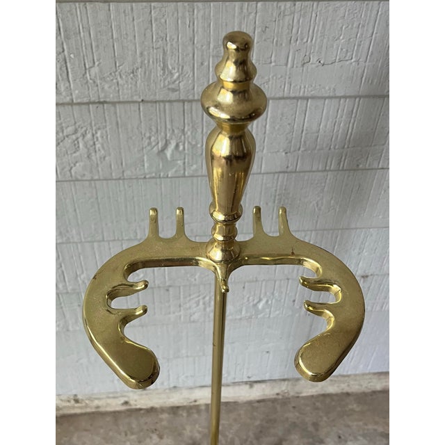 Vintage Solid Polished Brass 5-Piece Fireplace Tool Companion Set For Sale - Image 10 of 11