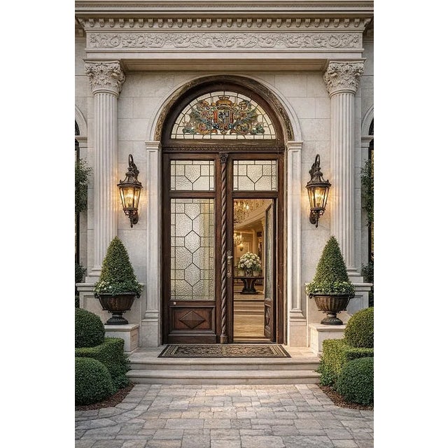 Large Antique Leaded Glass Arched Double Entry Doors For Sale