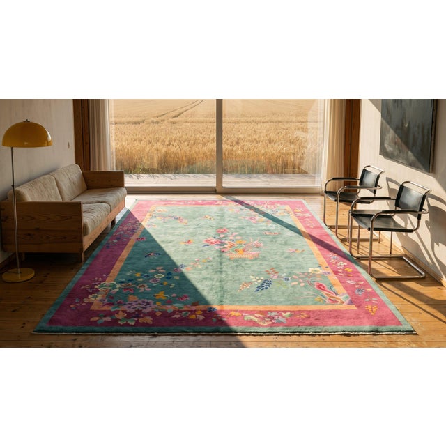 1920s Green Floral Antique Chinese Art Deco Rug 9' X 11'8" Handknotted Wool Carpet For Sale - Image 15 of 16