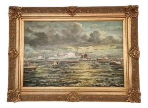 Frank Burg, Port of Rotterdam, 20th Century, Oil Painting