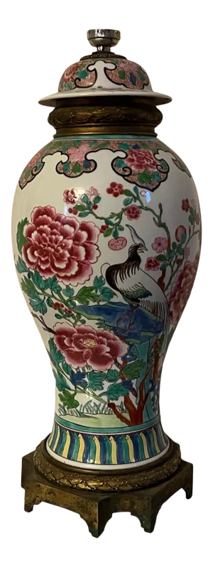 Large Chinese Famille Rose Porcelain Garniture Vase Table Lamp, Unwired