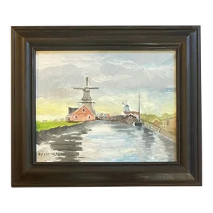 Oil Painting on Canvas Board of a Dutch Riverscape, Framed