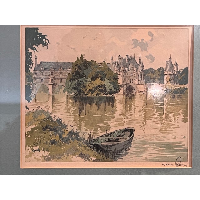 Late 20th Century Late 20th Century Hans Figura Signed Aquatint Etching French Chateau Castle River Boat Framed For Sale - Image 5 of 6