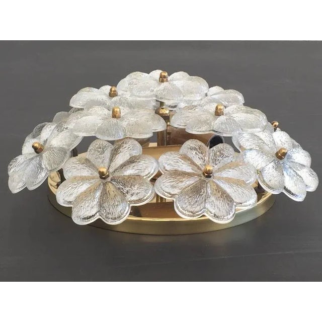 Mid-Century Modern Vintage Small Ernst Palme Brass and Floral Glass Flush Mount Sconce\ For Sale - Image 3 of 8