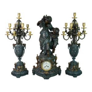 Antique French Auguste Moreau Gilt Bronze Mantel Garniture Clock Candelabra - 3 Piece Set