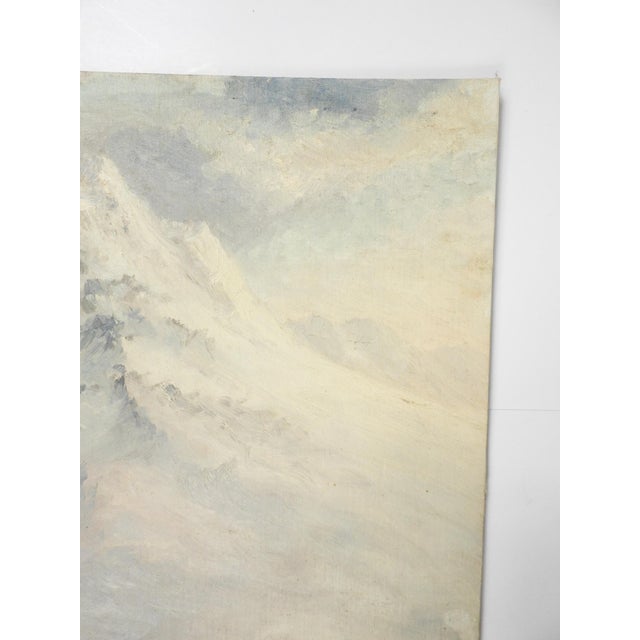 Mid 20th century oil on canvas board painting of a snow covered mountain in cream and grey tones. Unsigned. Unframed,...
