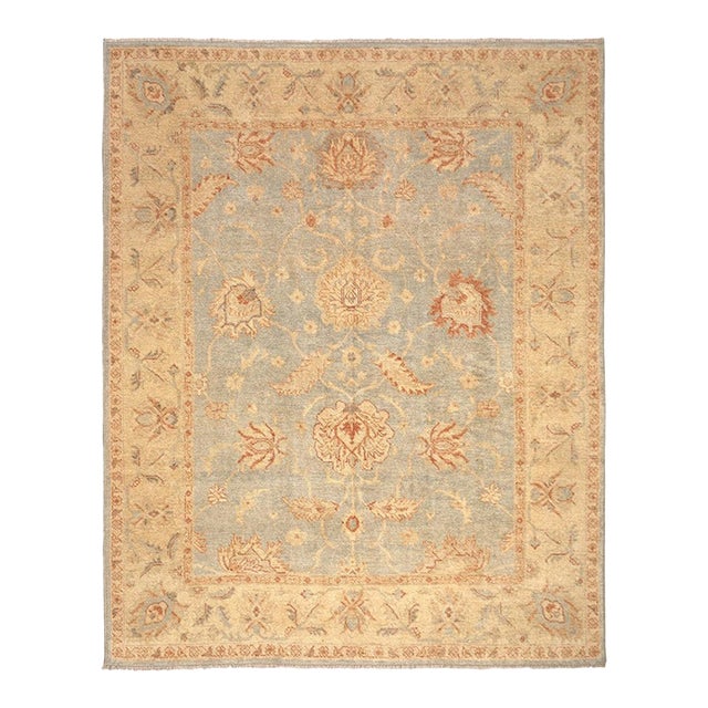 Large 8'1" X 9'7" Hand-Knotted Afghan Oushak Rug in Sky Blue & Sand Gold For Sale