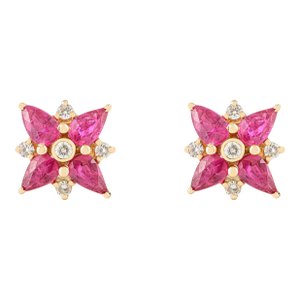 14k Yellow Gold Ruby Diamond Floral Art Deco Stud Earrings- A Pair