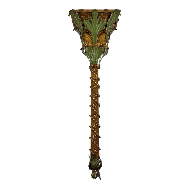 Mid 20th Century Italian Foliate Verdigris and Gilt Tall Metal Wall Sconce For Sale