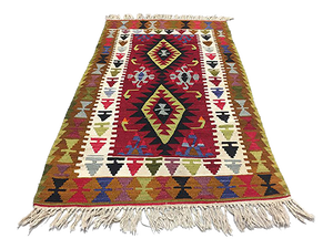 Vintage Turkish Red, Brown, Green & Beige Wool Kilim Rug, 1960s