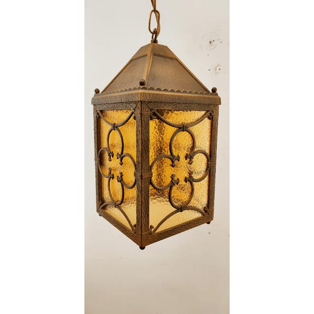 Brass Lantern Hanging Light in Amber Glass For Sale - Image 9 of 14