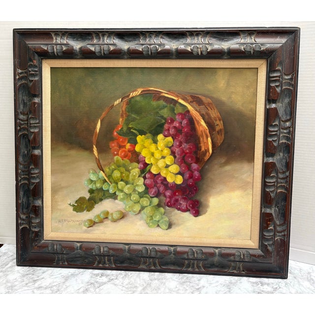 Wood Large Vintage Mid Century Original Painting of Grapes Tumbling From a Basket For Sale - Image 7 of 9