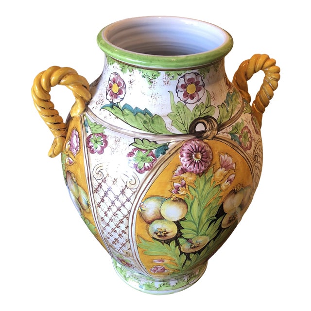1990s Italian Yellow and Green Hand Painted Ceramic Urn For Sale