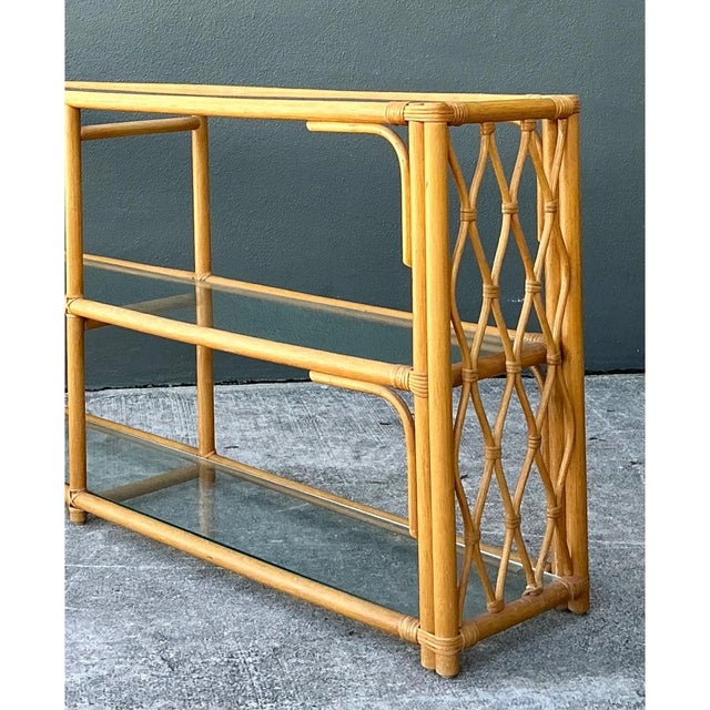 Vintage Trellis Rattan and Glass Console Table For Sale - Image 9 of 12