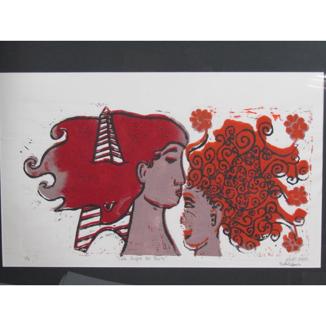 A flirtatious Paris vignette in bold red and soft grey. This hand-pulled, relief-style print is pencil-titled, numbered...