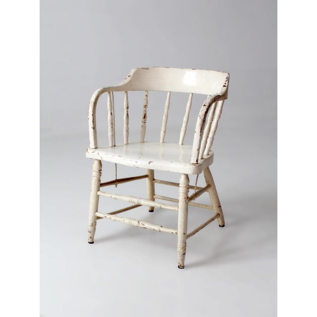 Antique White Painted Windsor Captain's Chair With Spindle Back For Sale - Image 4 of 16