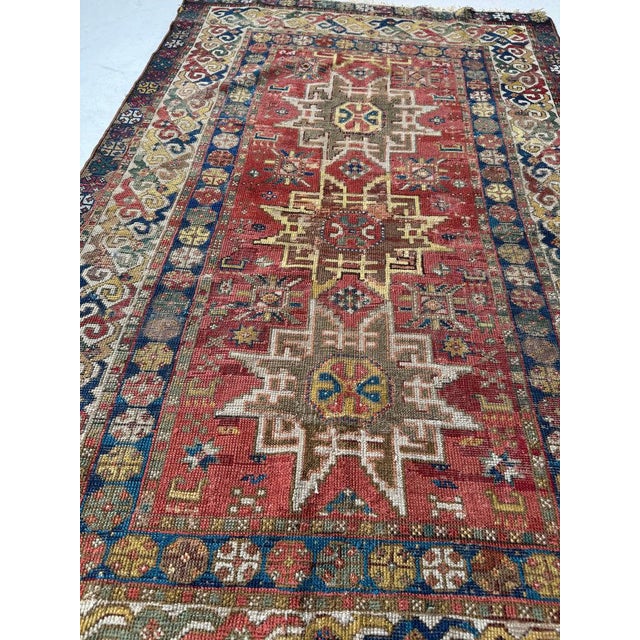 Antique Caucasian Leshgi Star with KINTSUGI Repairs Rug 3.8 x 5.6 For Sale - Image 10 of 11