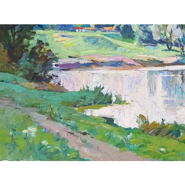1970s River Landscape Oil Painting – Ukrainian Soviet Art, 1975 49.5-69.5 For Sale - Image 5 of 6