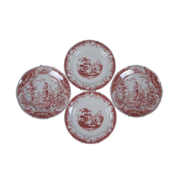 French Provincial Late 20th Century Riproduzioni Red Porcelain Transferware Plates Platter With Hanging Racks- Set of 7 For Sale - Image 3 of 10