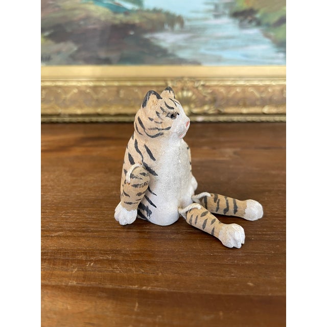 Hand-Carved Articulated Wooden Tiger or Cat Figurine With Painted Details. For Sale - Image 9 of 10