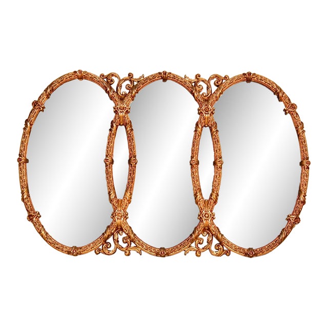Vintage Hollywood Regency Gilded Triple Oval Wall Mirror – 66.5" Wide For Sale