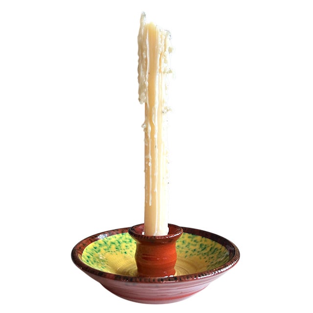 Handmade and signed ceramic candle stick holder in the Moroccan style of pottery