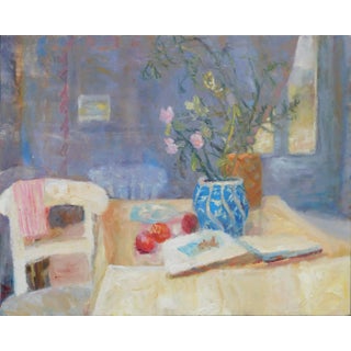 The New Blue and White Vase, Contemporary Still Life Oil Painting by Alice Mumford For Sale