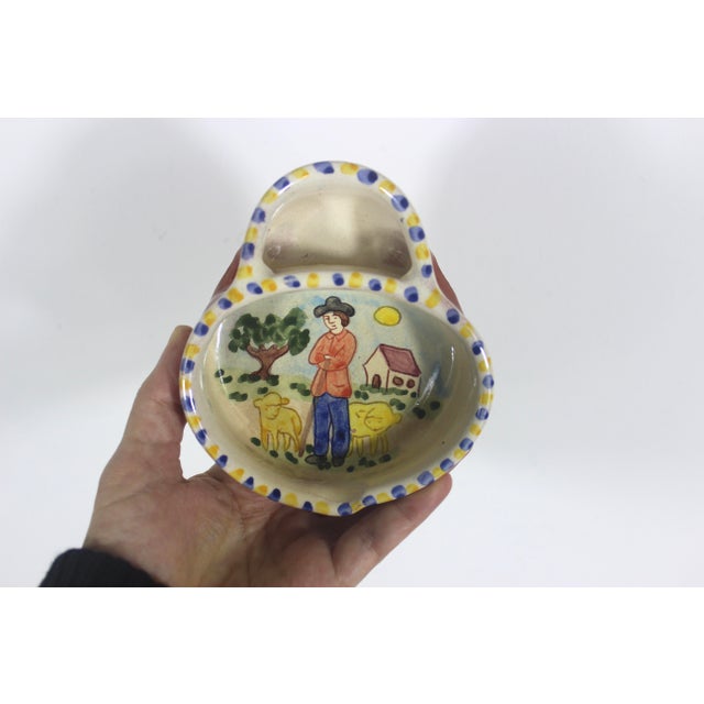 Brown Vintage Hand Painted Portugal Pottery Olive Dish Bowl For Sale - Image 8 of 9
