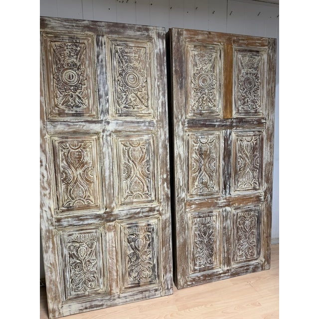 Wood Vintage Whitewashed Carved Library Doors | Limewash Double Barn Doors | Handcrafted Statement Entryway For Sale - Image 7 of 8