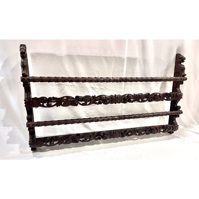 Brown Antique Late 1800s Belgian Carved Oak Plate Rack – Griffin 55" Wall Shelf For Sale - Image 8 of 18