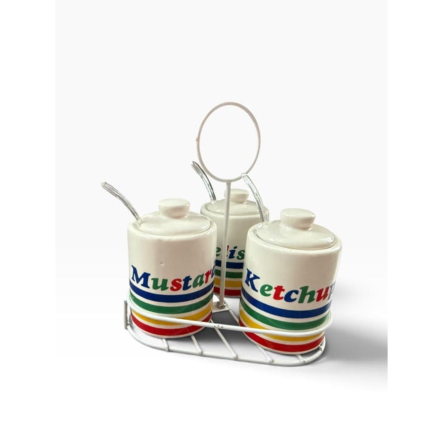 Charming vintage 1986 Hoan ceramic condiment set featuring three individual containers for mustard, relish, and ketchup,...