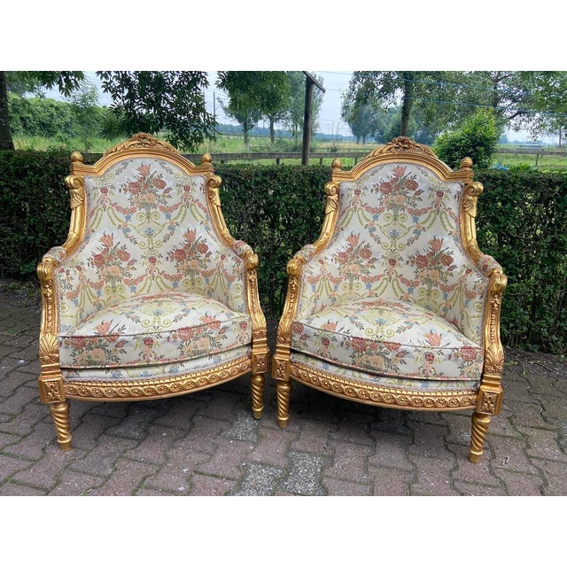 Late20C French Artisan Louis XVI Gold Beech Bergère Pair For Sale - Image 13 of 13