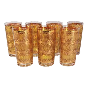 Vintage Mid-Century Georges Briard Gold Swirls Highball Glasses- Set of 7