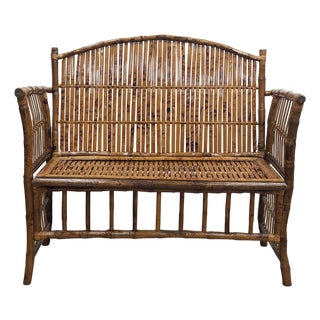 Vintage Scorched Bamboo Settee Bench For Sale