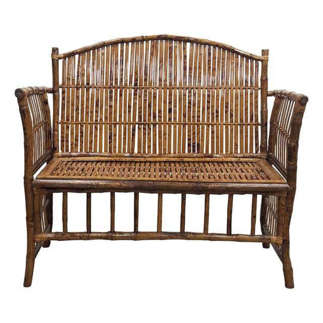 Vintage Scorched Bamboo Settee Bench For Sale