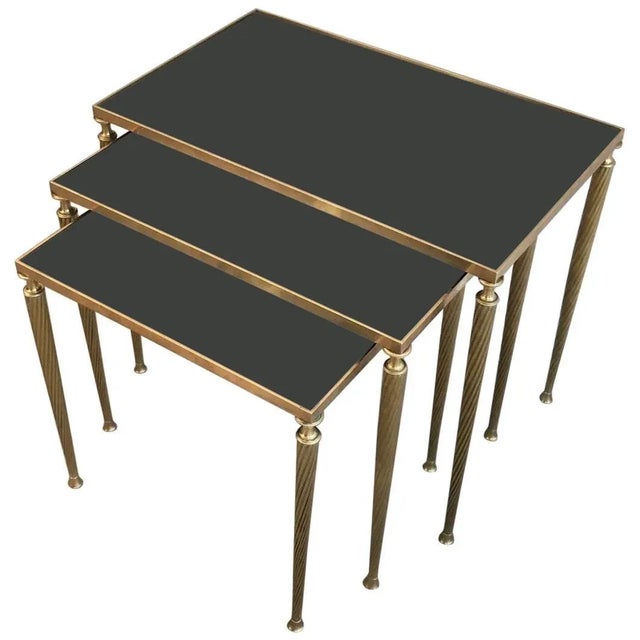 Set of Black Glass and Brass Nesting Tables in the Style of Maison Jansen For Sale - Image 11 of 11
