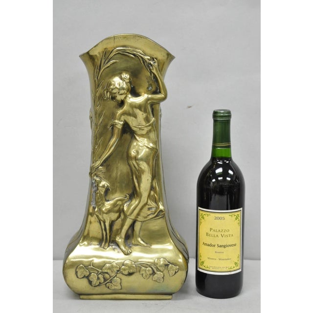 Antique Art Nouveau Chinese Gilt Bronze Relief Nude Female Sculpture Statue Vase with Flowers and Whippet Dog, Signed in...