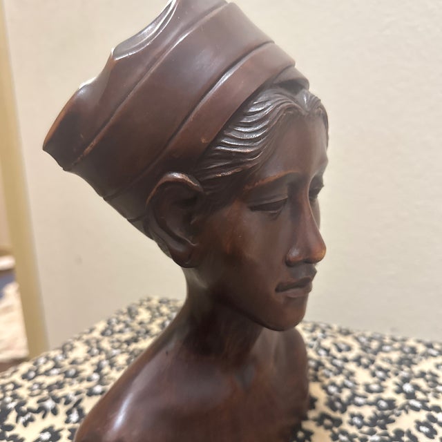 Wood Vintage Art Deco Balinese Woman Bust – Hand-Carved Mahogany Wood Sculpture For Sale - Image 7 of 11