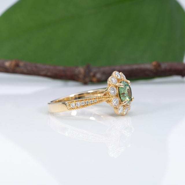 Metal 1Ct Demantoid Garnet Ring With Earth Mined Diamonds Halo: Solid 14k Gold, 6mm, Size 6.75 For Sale - Image 7 of 9